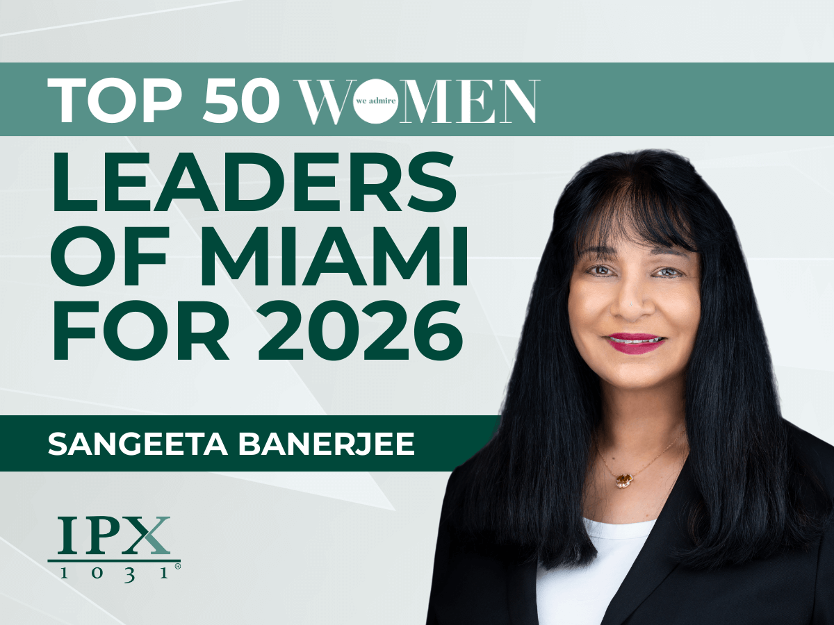 Professional portrait of Sangeeta Banerjee next to text reading Top 50 Women Leaders of Miami for 2026, with the IPX 1031 logo at the bottom.