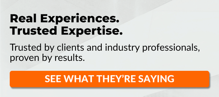 Text reads: Real Experiences. Trusted Expertise. Trusted by clients and industry professionals, proven by results. Orange button says, SEE WHAT THEYRE SAYING. Light gray background with subtle patterns.