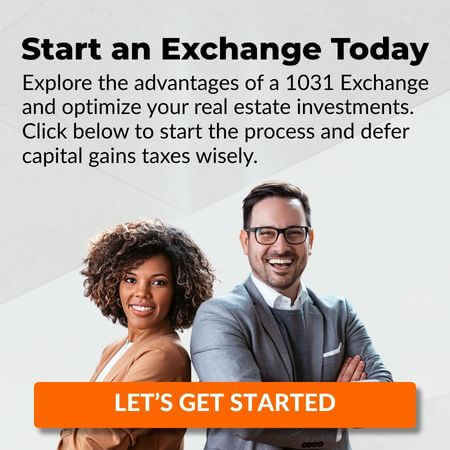 Two smiling business professionals stand together. Text promotes starting a 1031 Exchange for real estate, highlighting tax benefits. An orange button at the bottom says LETS GET STARTED..