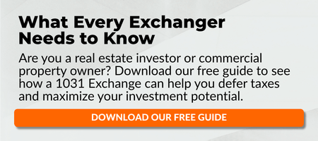 Text promoting a free guide on 1031 Exchange for real estate investors, with a large orange button at the bottom that says Download Our Free Guide..