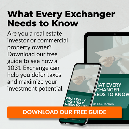 A digital ad for a 1031 Exchange guide shows the guide displayed on a phone and tablet. Text explains the guide helps real estate investors defer taxes. An orange button reads DOWNLOAD OUR FREE GUIDE..