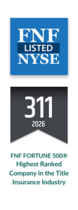 Blue and white FNF Listed NYSE logo above a black banner with 311 2026 and green text below stating FNF Fortune 500® Highest Ranked Company in the Title Insurance Industry.