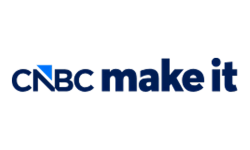 The image shows the CNBC Make It logo with CNBC in bold black letters and a blue upward arrow forming the left side of the N, followed by make it in bold blue text.