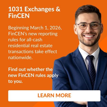 A smiling man in a suit and glasses stands next to text about FinCEN’s new real estate transaction reporting rules, effective March 1, 2026, with a “Learn More” button below. Orange background.