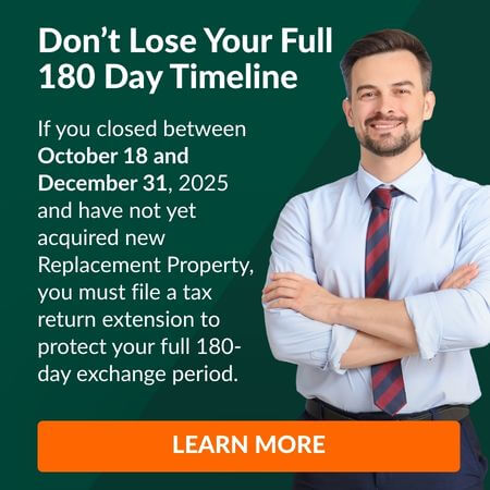 IPX-PU-Extension Deadline A confident man with a beard, wearing a light blue shirt and red striped tie, stands smiling with arms crossed. Text explains the 180-day timeline for filing a tax return extension. An orange “Learn More” button is at the bottom.