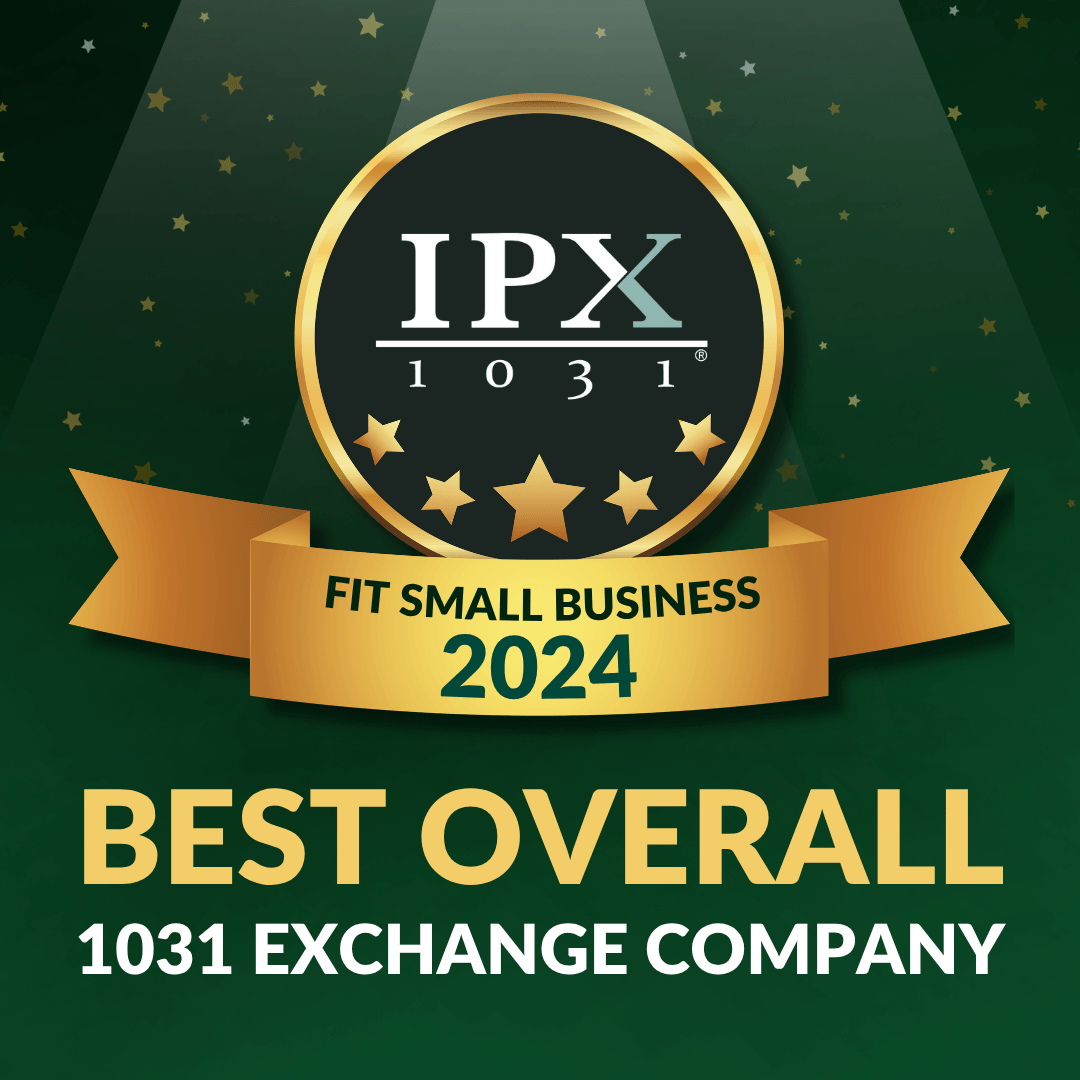 Fit Small Business Best Overall 1031 Exchange Company 2024 Award graphic with a gold ribbon and stars, reading IPX 1031 Fit Small Business 2024 Best Overall 1031 Exchange Company on a green background with spotlights and confetti.